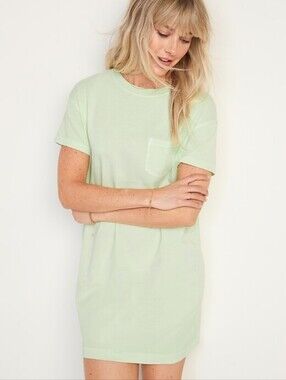 Old Navy T-Shirt Shift Dress Women's M Pale Citron Green Pocket Garment Dyed